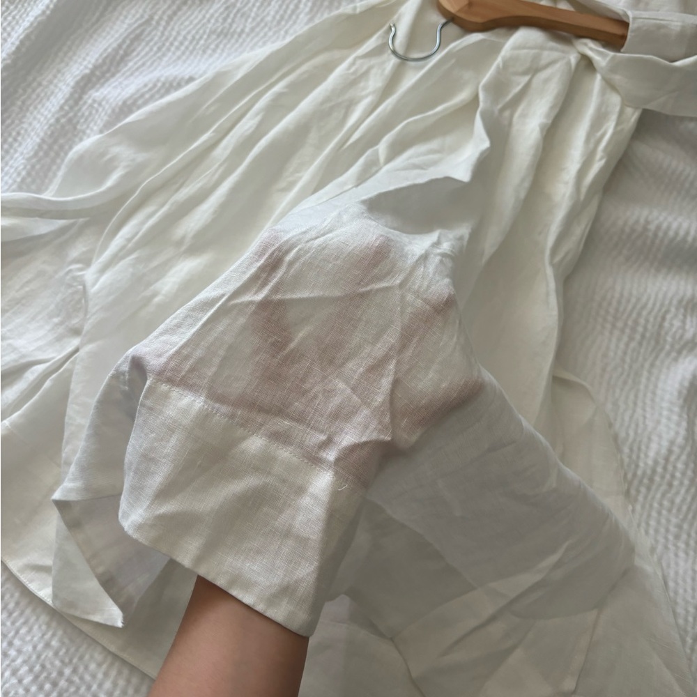 Birds of Paradis Beachy Coastal Style Ivory Linen V-Neck Belted Split Midi Dress - Picture 10 of 12